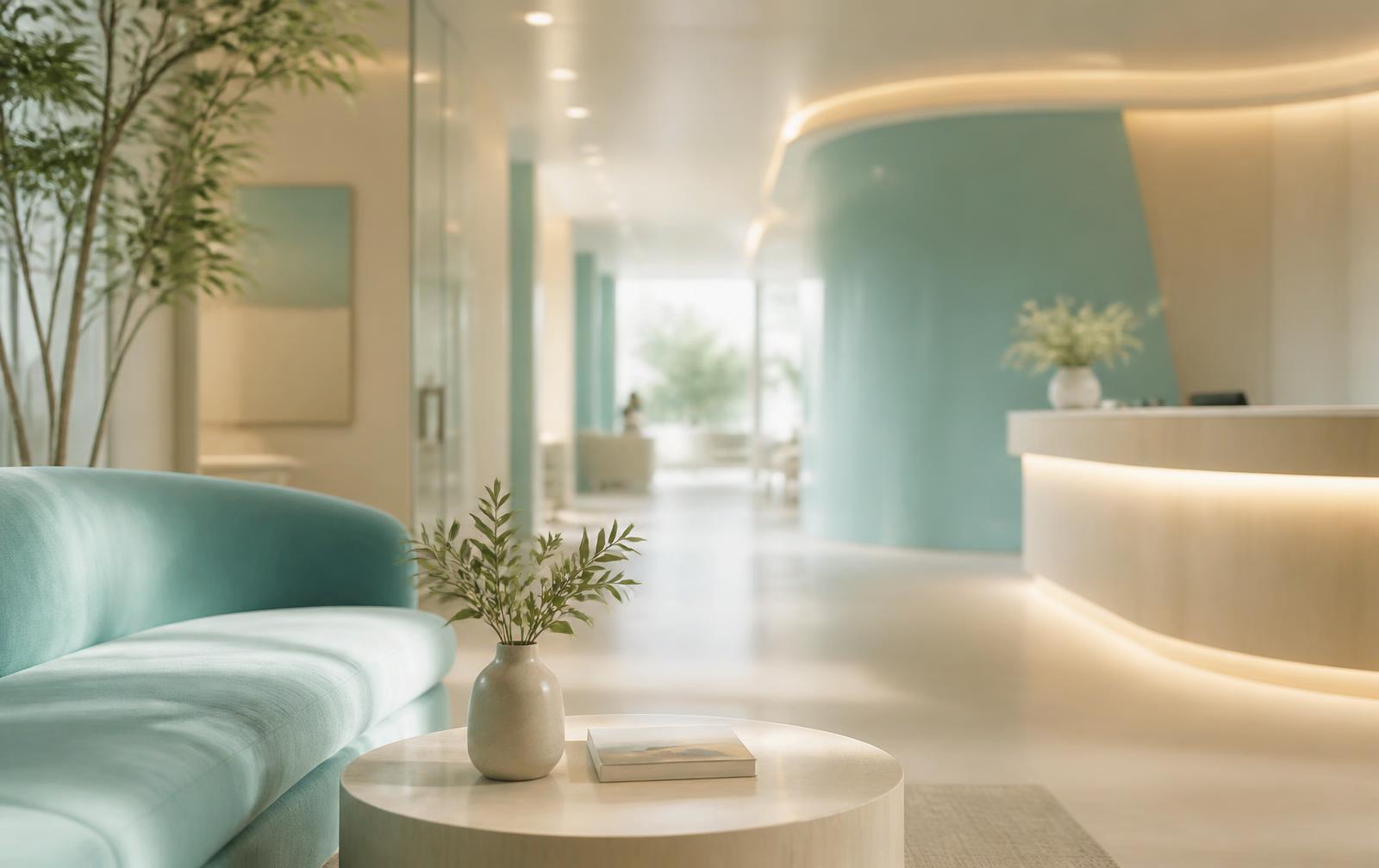 Calm, modern medical tourism clinic reception in soft daylight